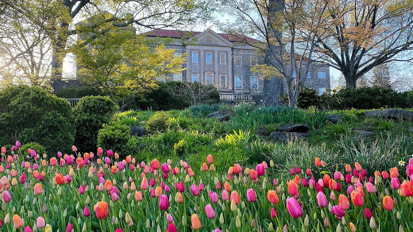 Cheekwood mansion overlooking colorful garden blooms