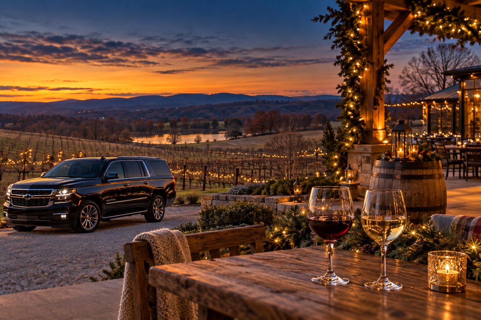 Illustrative holiday vineyard outing with a black SUV, wine glasses and warm seasonal lights