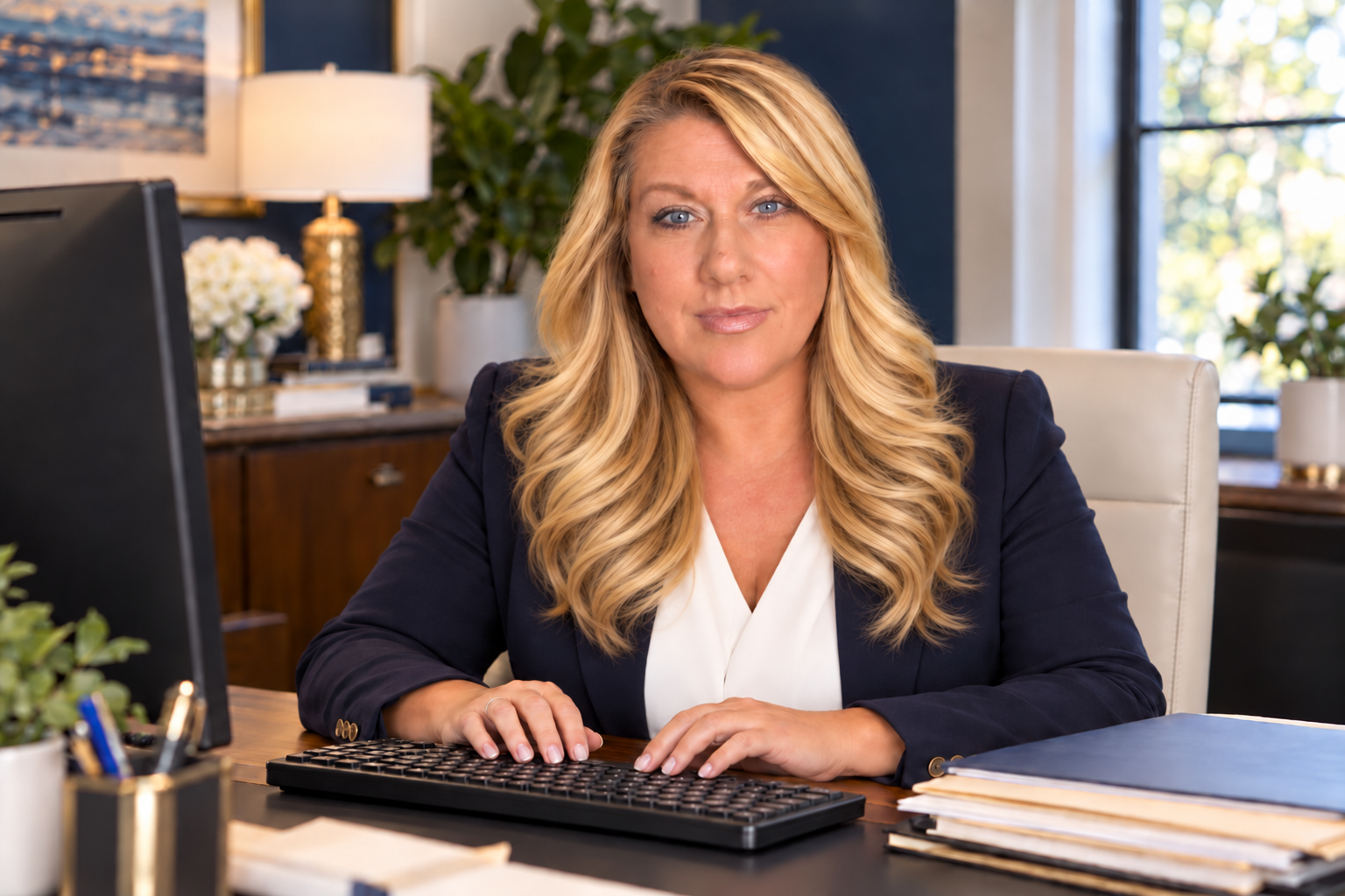 Sonya seated at an office desk with her hands on a keyboard, looking toward the camera