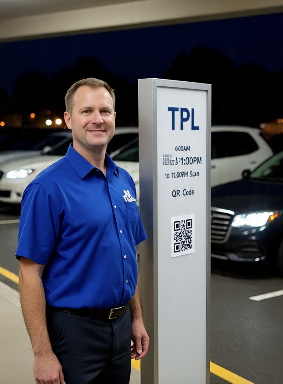 TPL parking attendant beside an arrival sign and parked vehicles