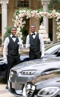 Valet attendants in black vests beside cars at a wedding venue